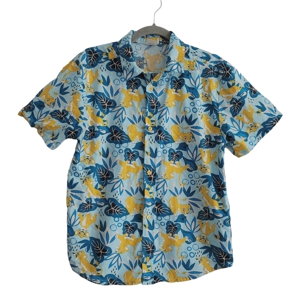 Disney Boys 18 Big Kids XXL Blue Lion King Simba Hawaiian Tropical Print Shirt
